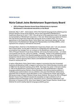 Núria Cabutí Joins Bertelsmann Supervisory Board