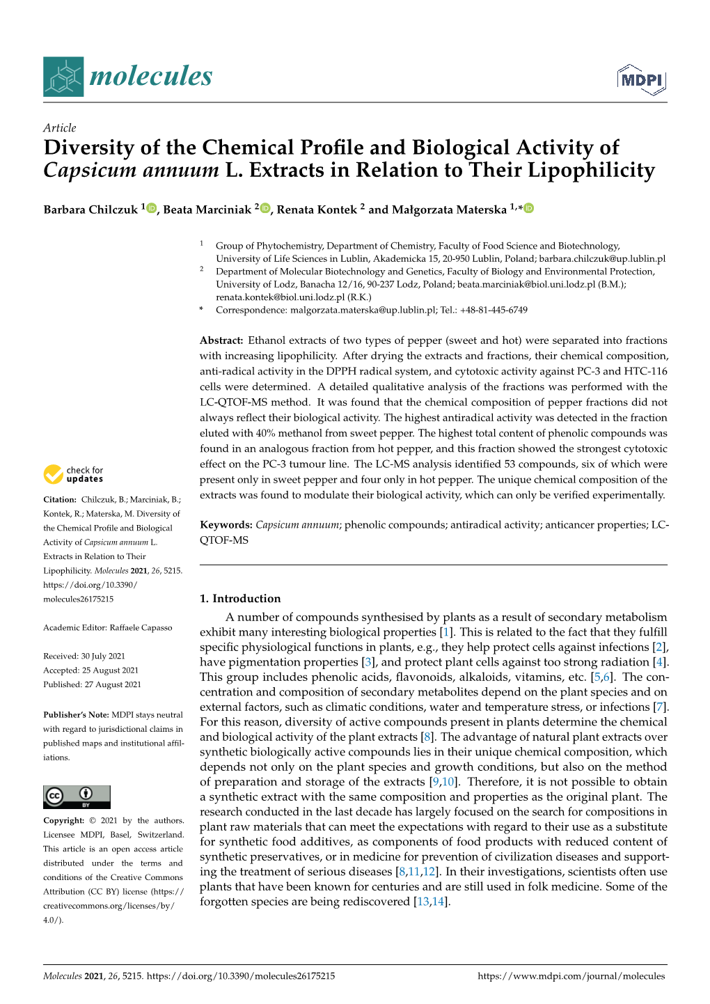 Diversity of the Chemical Profile and Biological Activity of Capsicum