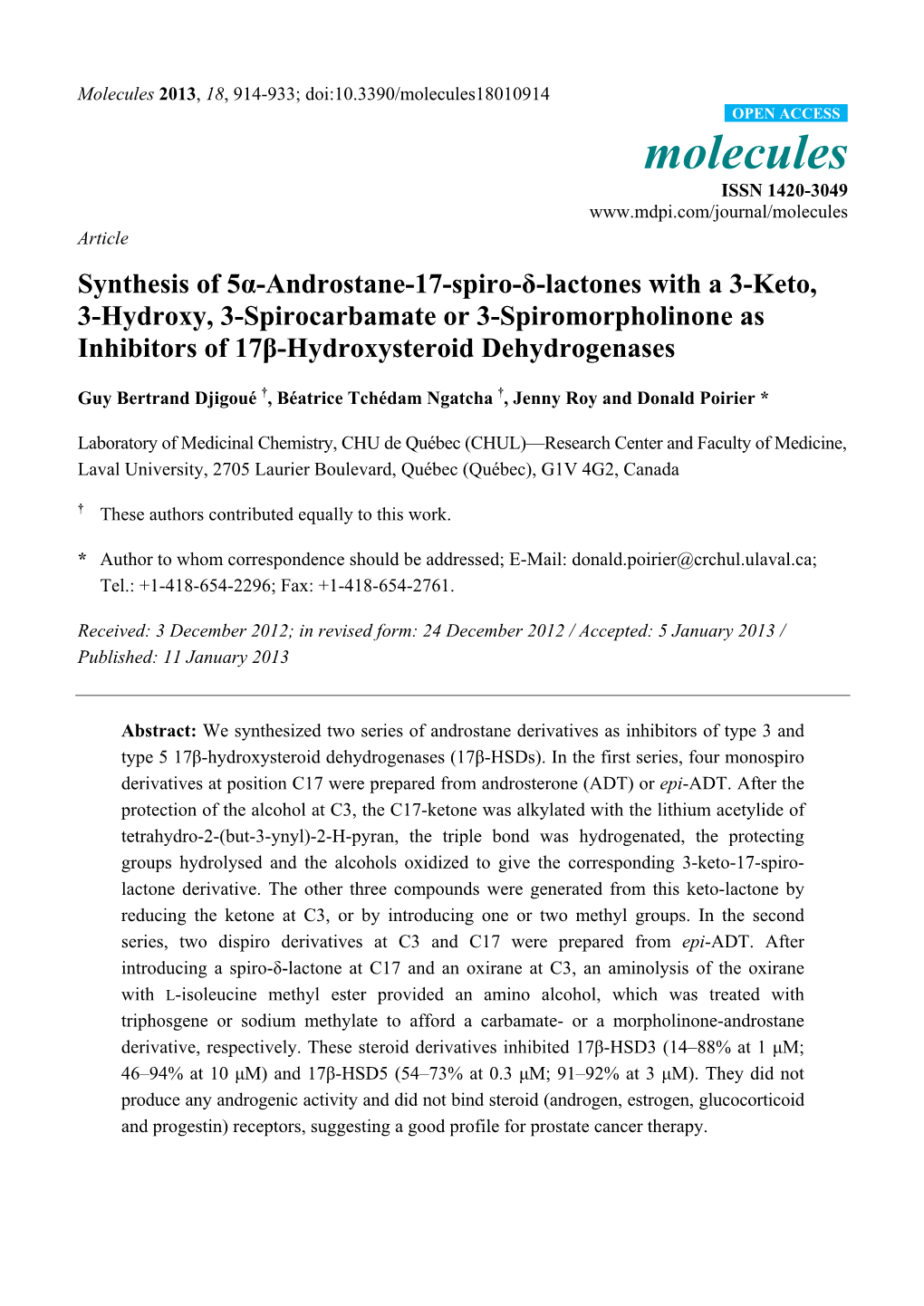 Synthesis of 5Α-Androstane-17-Spiro-Δ-Lactones with a 3-Keto, 3-Hydroxy, 3-Spirocarbamate Or 3-Spiromorpholinone As Inhibitors of 17Β-Hydroxysteroid Dehydrogenases