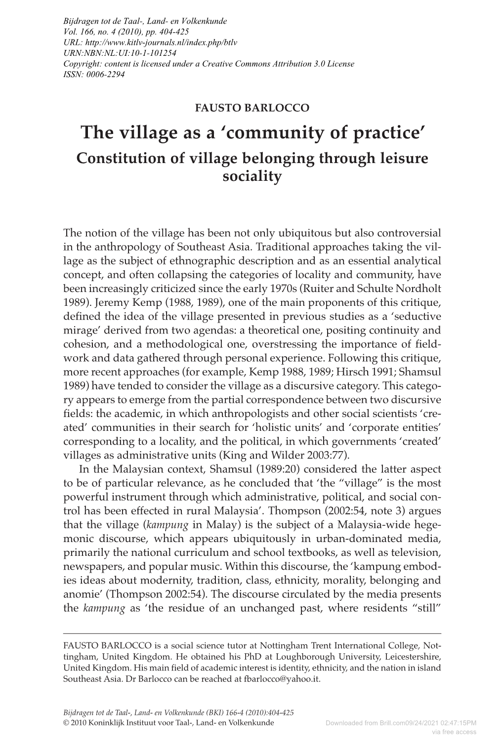 Downloaded from Brill.Com09/24/2021 02:47:15PM Via Free Access the Village As a ‘Community of Practice’ 405