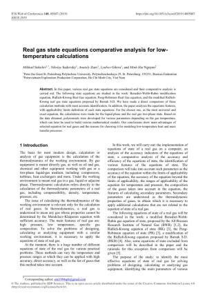 Real Gas State Equations Comparative Analysis for Low- Temperature Calculations