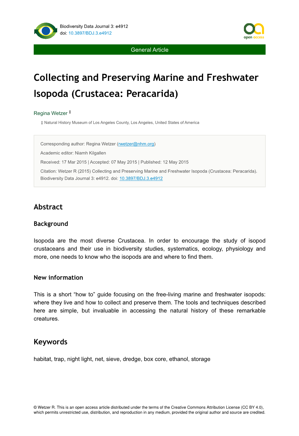 Collecting and Preserving Marine and Freshwater Isopoda (Crustacea: Peracarida)