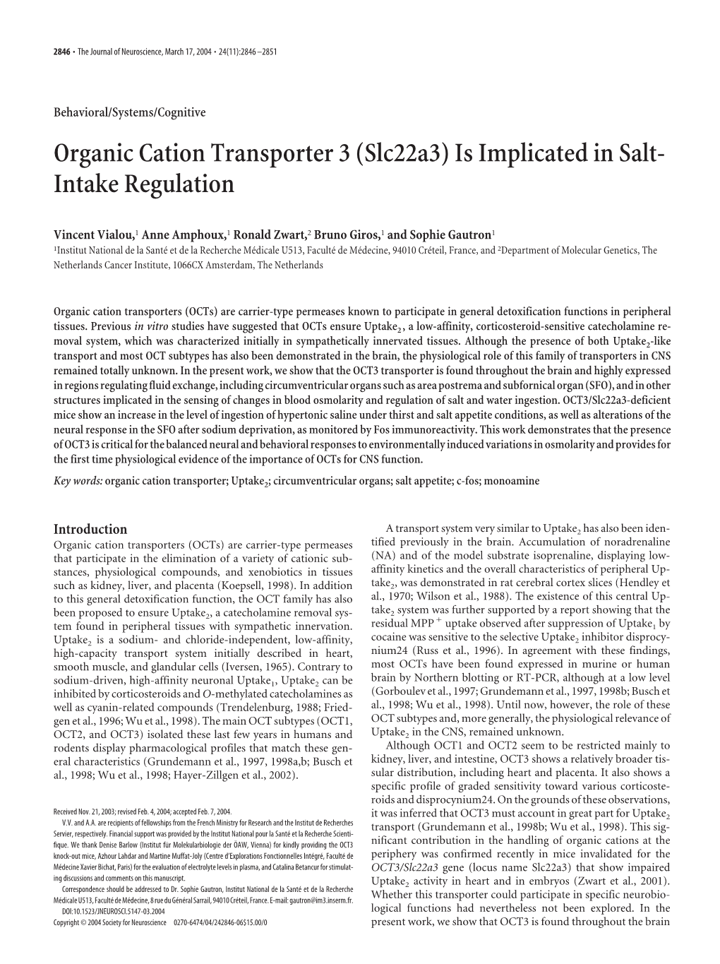 Organic Cation Transporter 3 (Slc22a3) Is Implicated in Salt- Intake Regulation