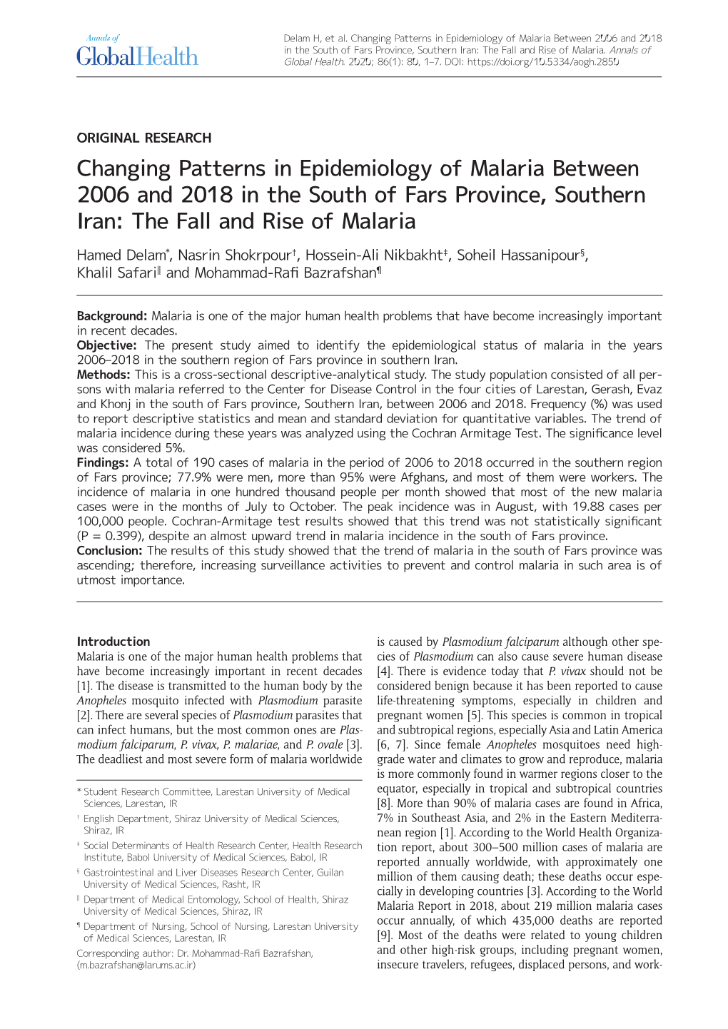 Changing Patterns in Epidemiology of Malaria Between 2006 and 2018 in the South of Fars Province, Southern Iran: the Fall and Rise of Malaria