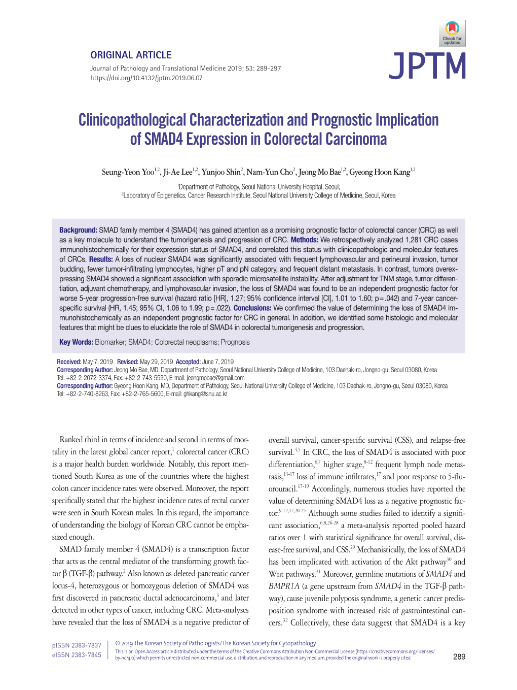 Clinicopathological Characterization and Prognostic Implication of SMAD4 Expression in Colorectal Carcinoma