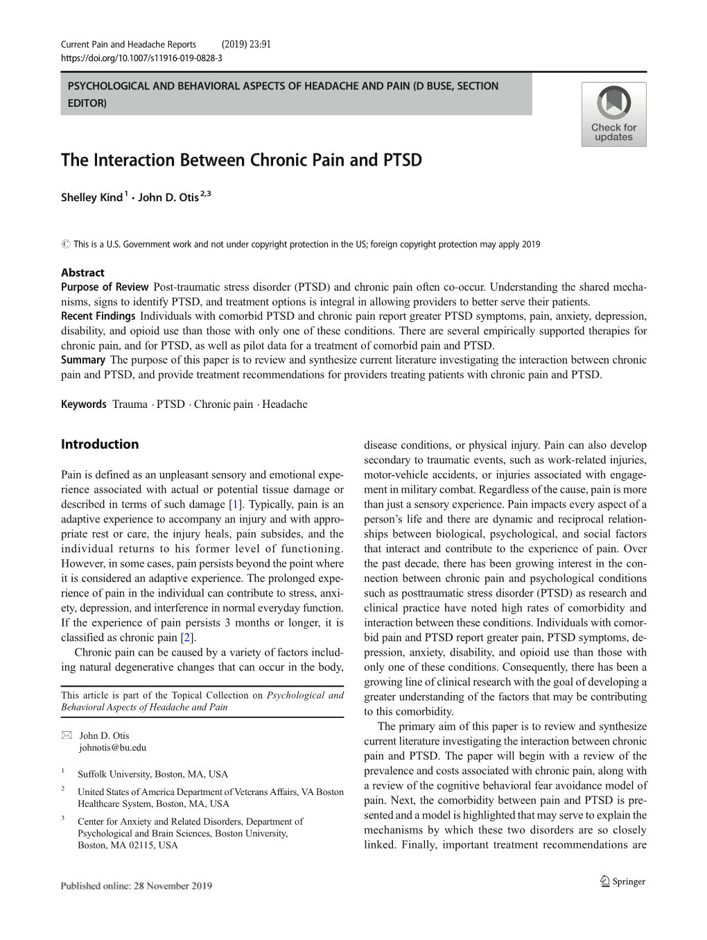 The Interaction Between Chronic Pain and PTSD