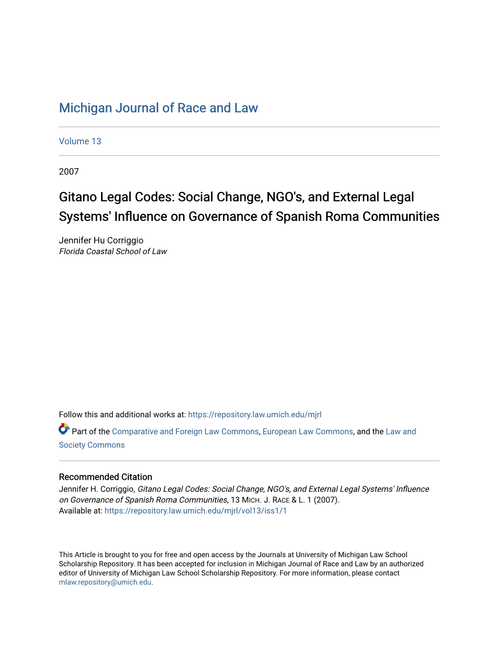 Gitano Legal Codes: Social Change, NGO's, and External Legal Systems' Influence on Governance of Spanish Roma Communities