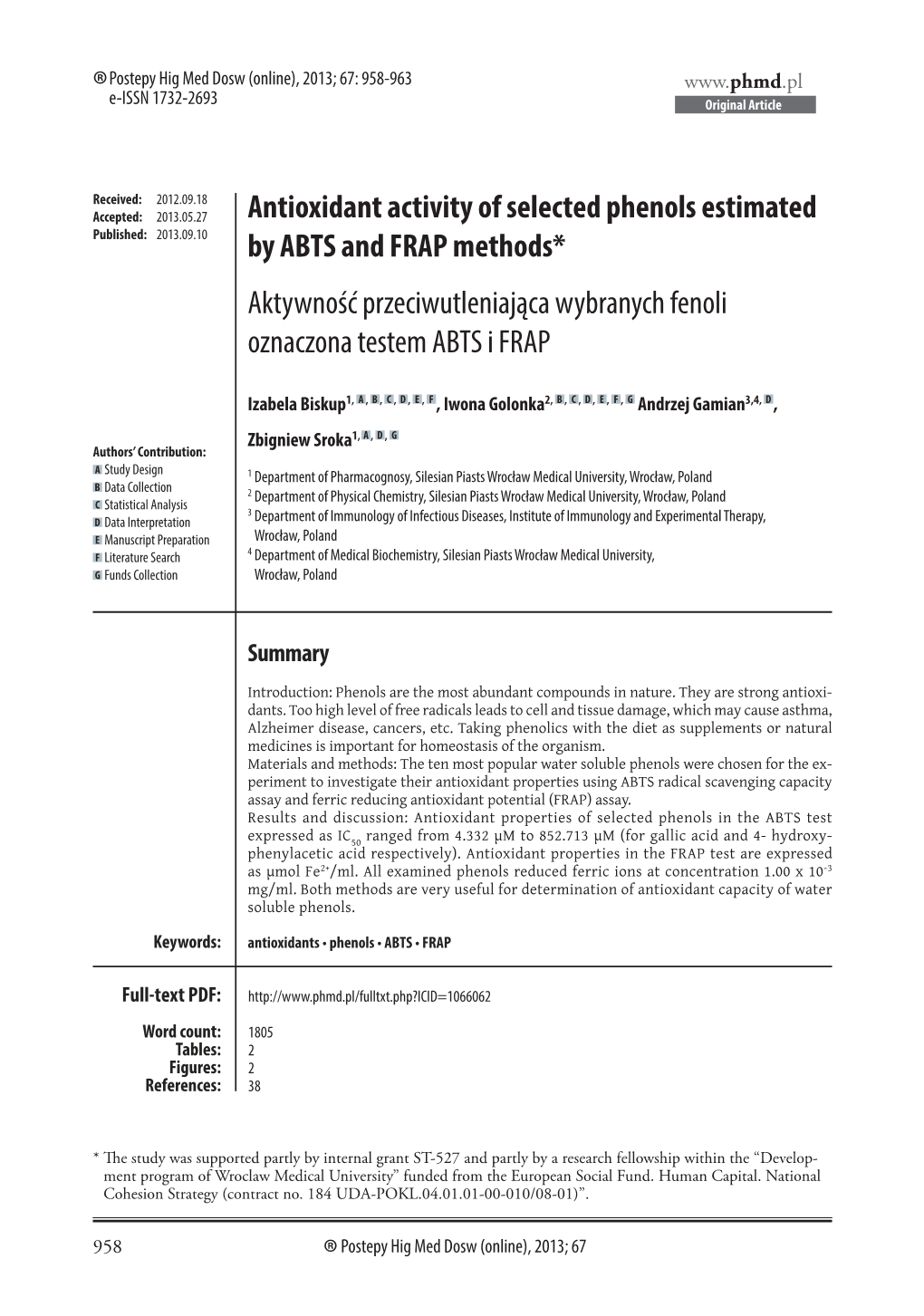 Antioxidant Activity of Selected Phenols Estimated by ABTS And