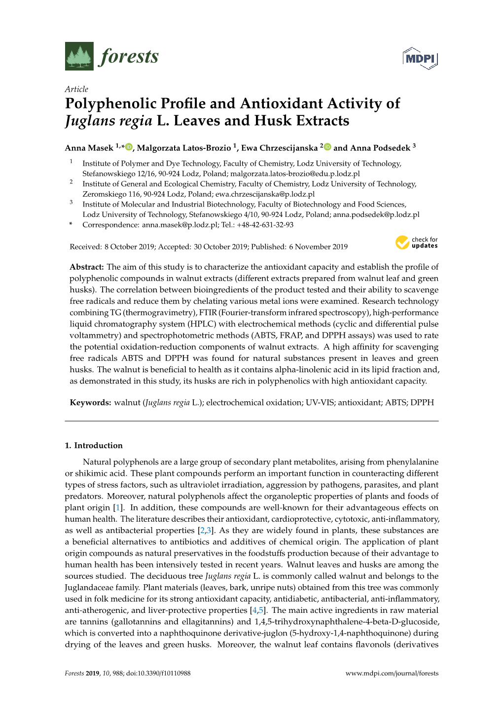 Polyphenolic Profile and Antioxidant Activity of Juglans Regia L. Leaves