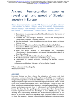 Ancient Fennoscandian Genomes Reveal Origin and Spread of Siberian Ancestry in Europe ​ ​ ​ ​ 1, 1,2,4, 1,3 4,1 Thiseas C