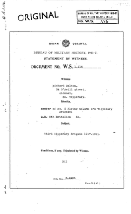 ROINN COSANTA BUREAU of MILITARY HISTORY, 1913-21 STATEMENT by WITNESS. DOCUMENT NO. W.S. 1,116 Witness Richard Dalton 34 O'neil
