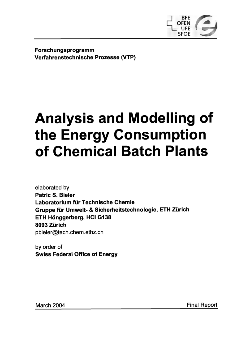 Analysis and Modelling of the Energy Consumption of Chemical Batch Plants