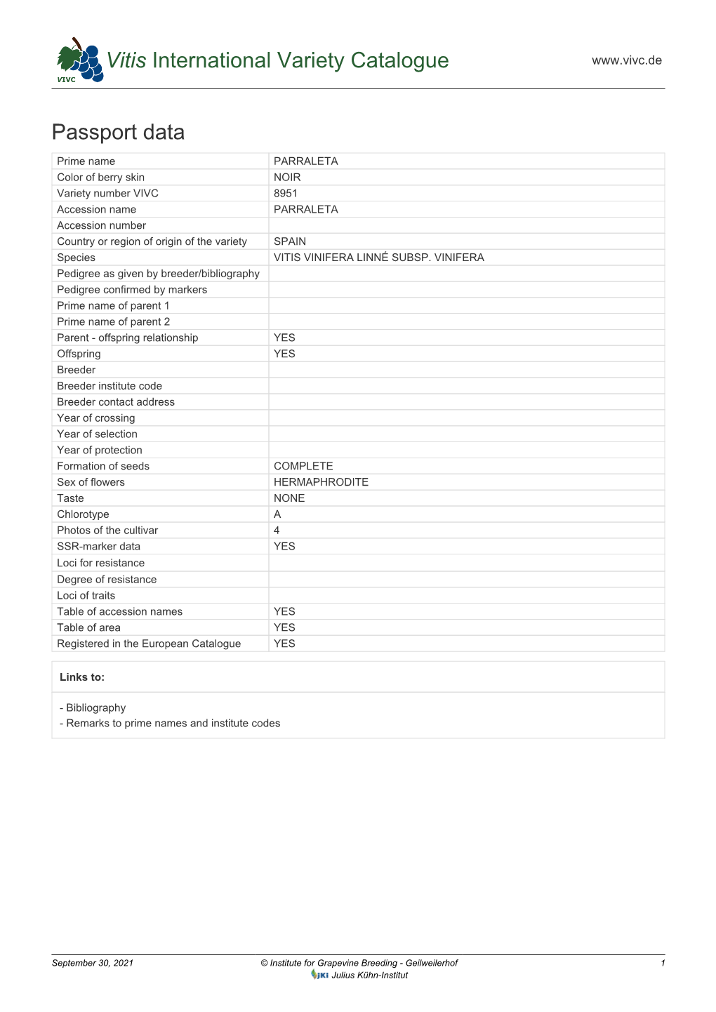 Vitis International Variety Catalogue Passport Data