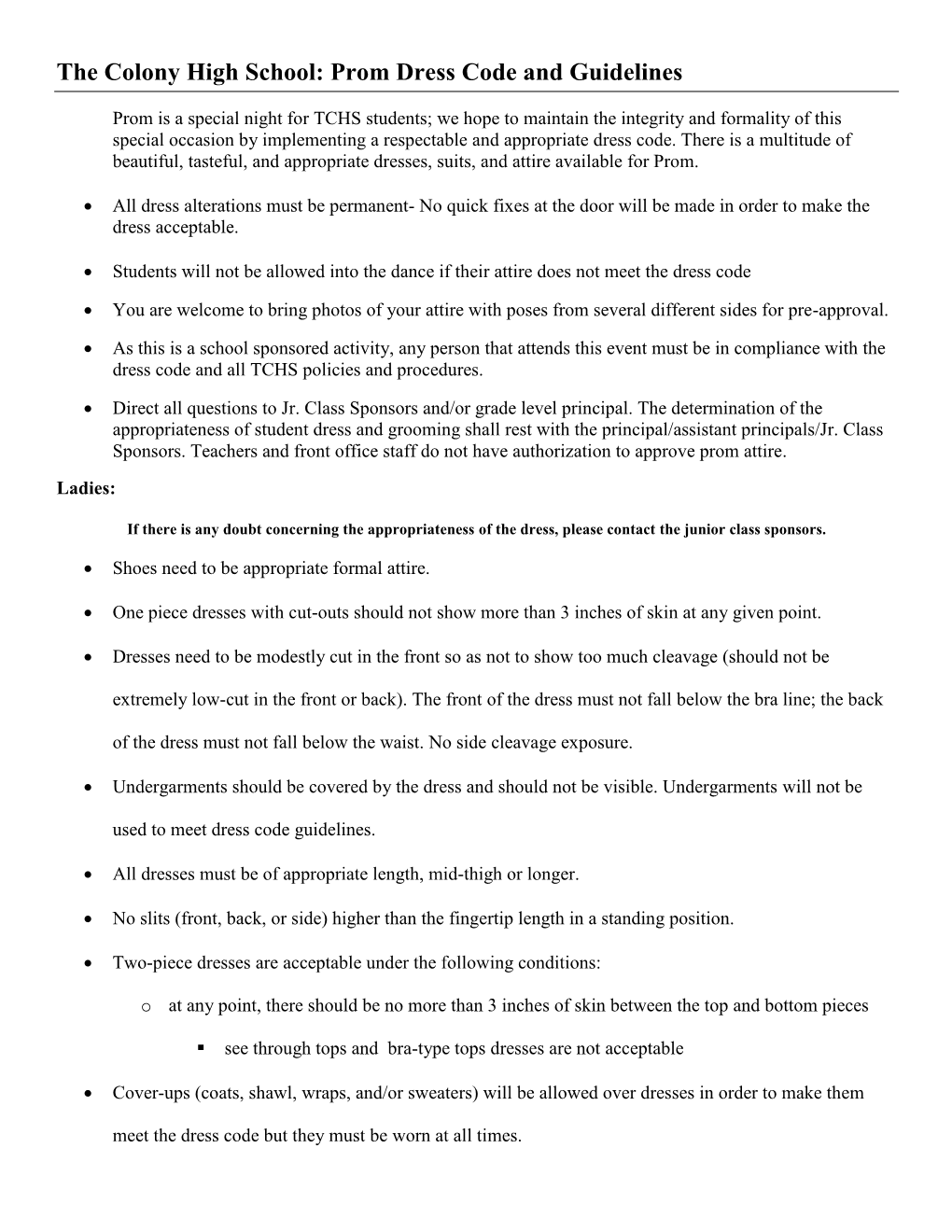 The Colony High School: Prom Dress Code and Guidelines