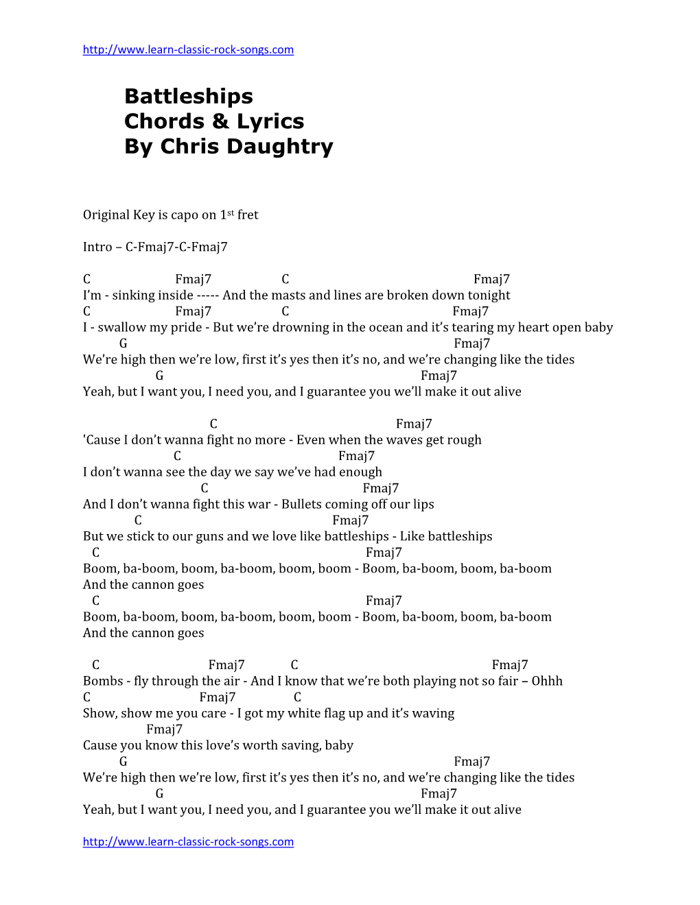 Battleships Chords & Lyrics by Chris Daughtry