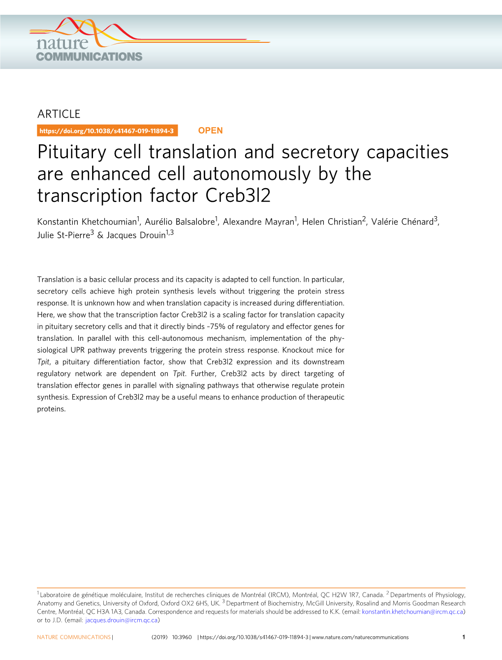 Pituitary Cell Translation and Secretory Capacities Are Enhanced Cell Autonomously by the Transcription Factor Creb3l2