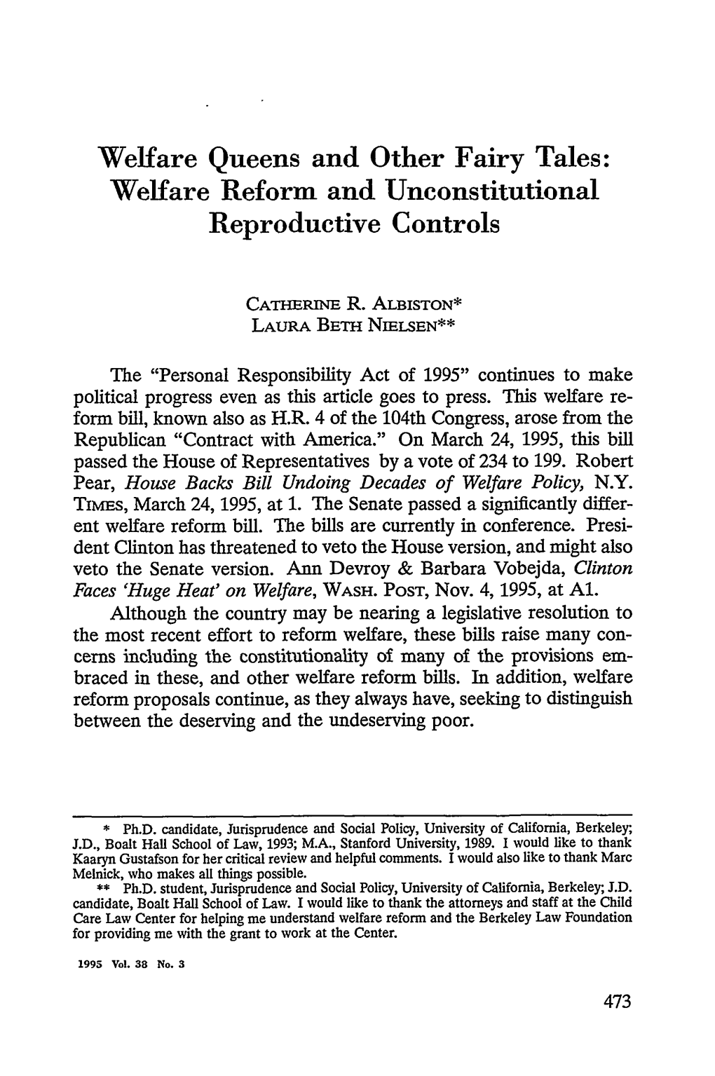 Welfare Queens and Other Fairy Tales: Welfare Reform and Unconstitutional Reproductive Controls