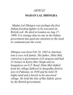 ARTICLE MADAN LAL DHINGRA Madan Lal Dhingra