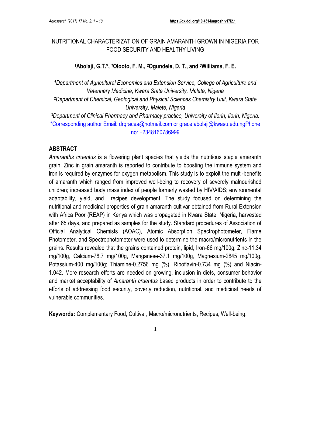 Nutritional Characterization of Grain Amaranth Grown in Nigeria for Food Security and Healthy Living