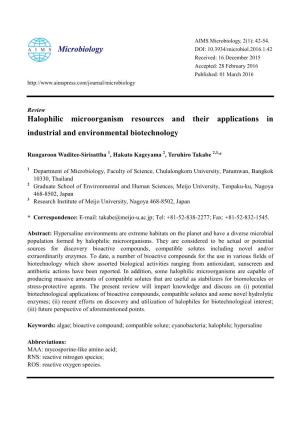 Halophilic Microorganism Resources and Their Applications in Industrial and Environmental Biotechnology