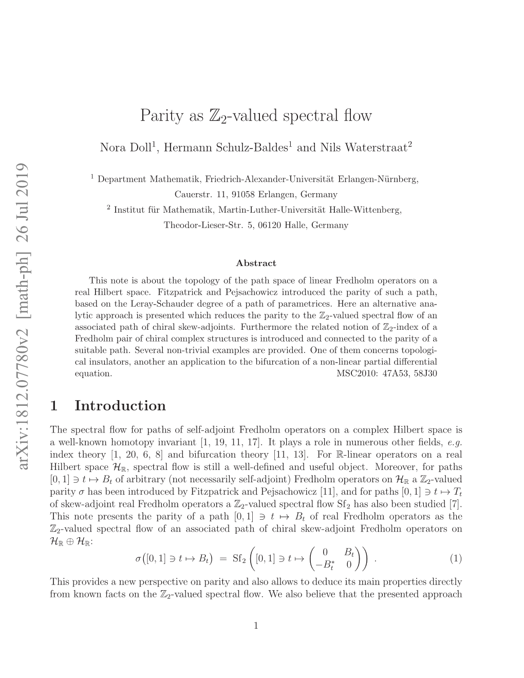 Arxiv:1812.07780V2 [Math-Ph] 26 Jul 2019 Parity As Z2-Valued Spectral Flow