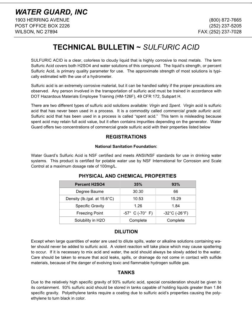 Water Guard, Inc Technical Bulletin ~ Sulfuric Acid