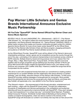 Pop Warner Little Scholars and Genius Brands International Announce Exclusive Music Partnership