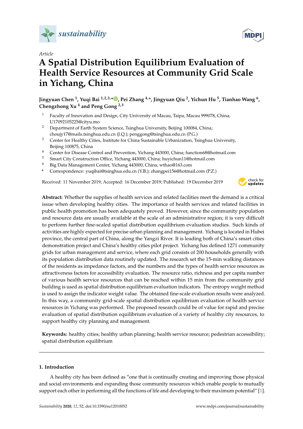 A Spatial Distribution Equilibrium Evaluation of Health Service Resources at Community Grid Scale in Yichang, China