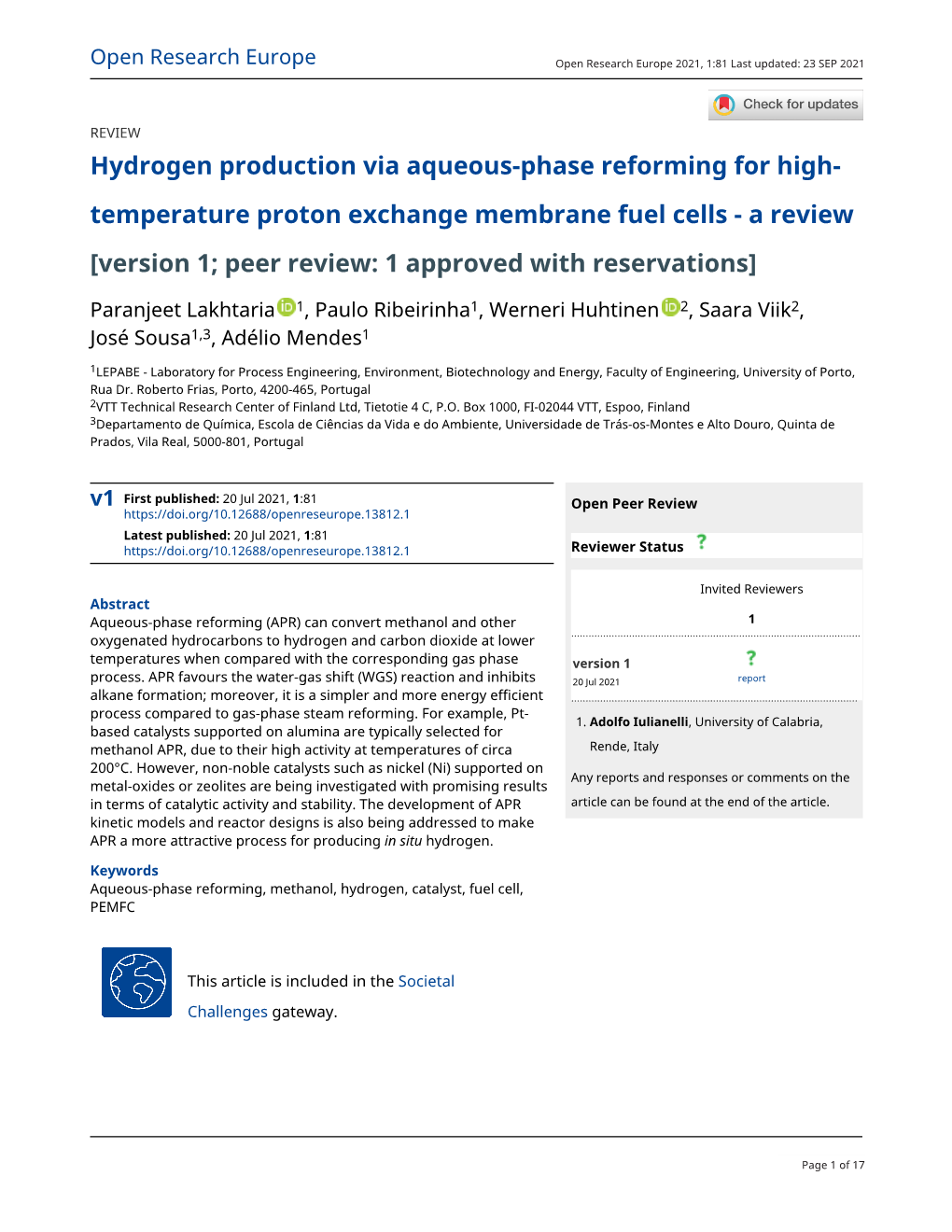 Hydrogen Production Via Aqueous-Phase Reforming for High