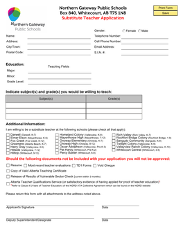 Northern Gateway Public Schools Box 840, Whitecourt, AB T7S 1N8 Substitute Teacher Application