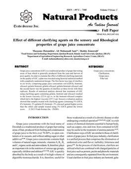Effect of Different Clarifying Agents on the Sensory and Rheological Properties of Grape Juice Concentrate