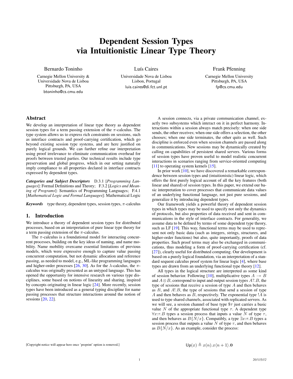 Dependent Session Types Via Intuitionistic Linear Type Theory