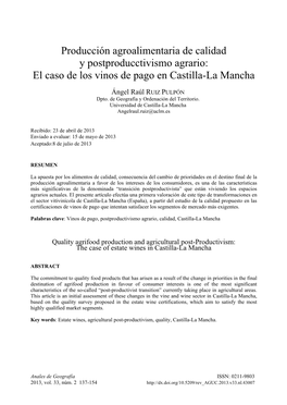 Producción Agroalimentaria De Calidad Y Postproducctivismo Agrario: El Caso De Los Vinos De Pago En Castilla-La Mancha
