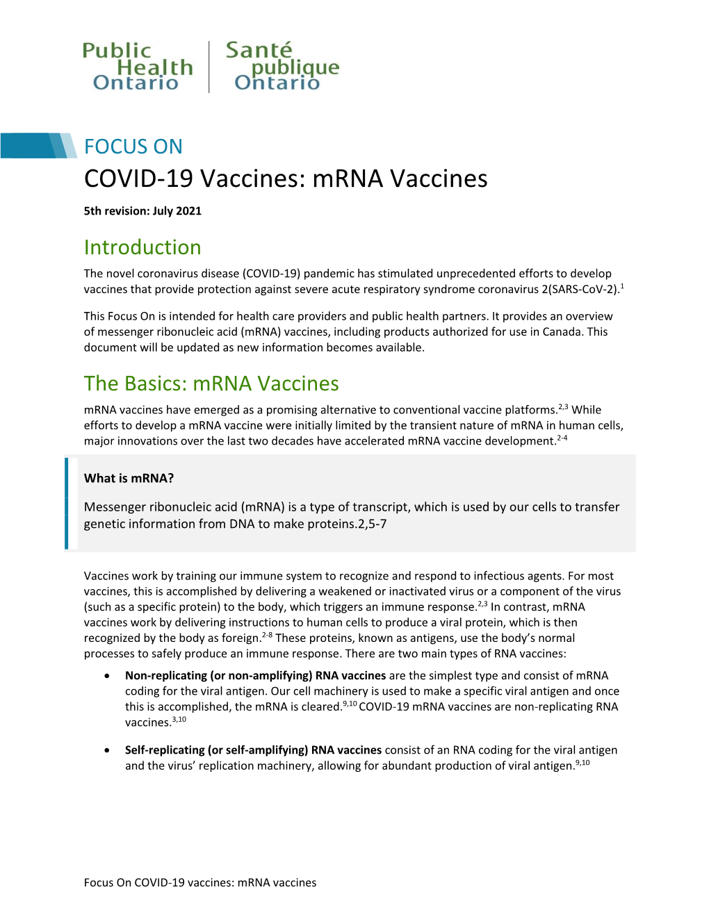 Focus on COVID-19 Vaccines: Mrna Vaccines Key Messages: COVID-19 Mrna Vaccines