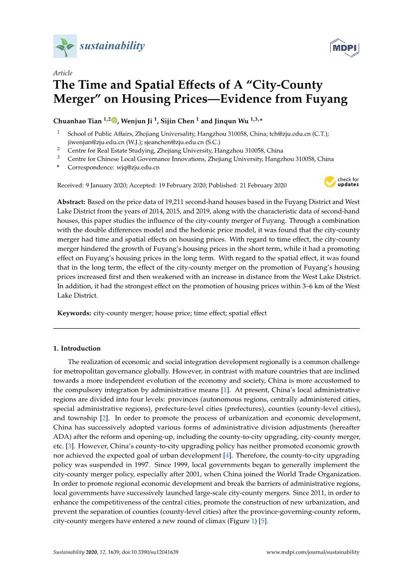 City-County Merger” on Housing Prices—Evidence from Fuyang