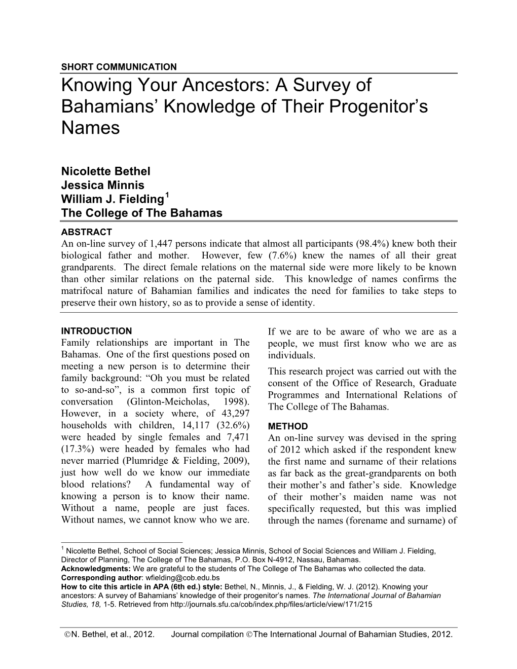 Knowing Your Ancestors: a Survey of Bahamians’ Knowledge of Their Progenitor’S Names