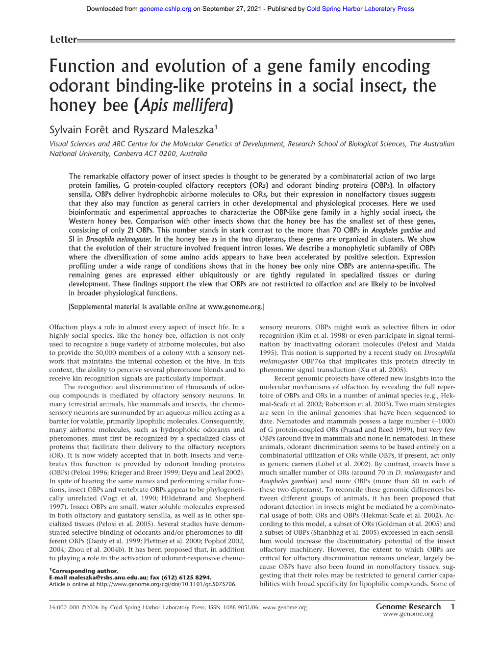 Function and Evolution of a Gene Family Encoding Odorant Binding-Like Proteins in a Social Insect, the Honey Bee (Apis Mellifera)