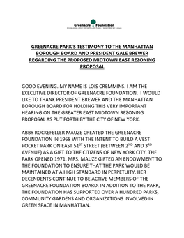 Greenacre Park's Testimony to the Manhattan Borough