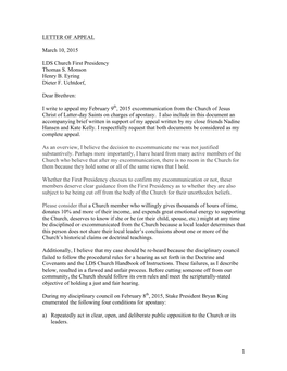1 LETTER of APPEAL March 10, 2015 LDS Church First Presidency