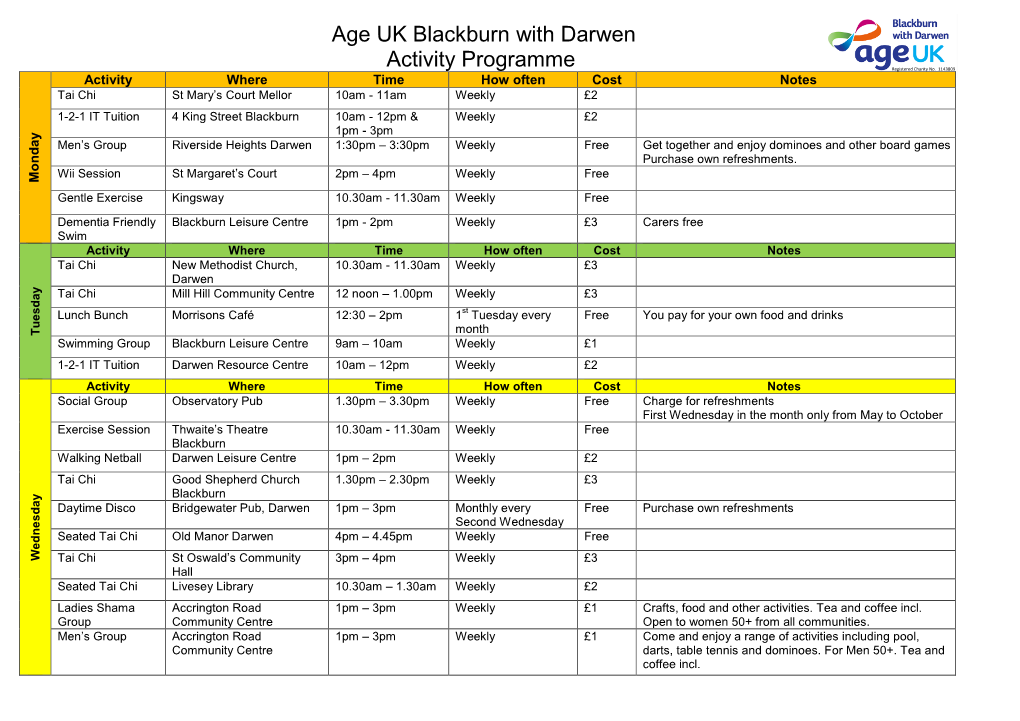 Age UK Blackburn with Darwen Activity Programme Registered Charity No