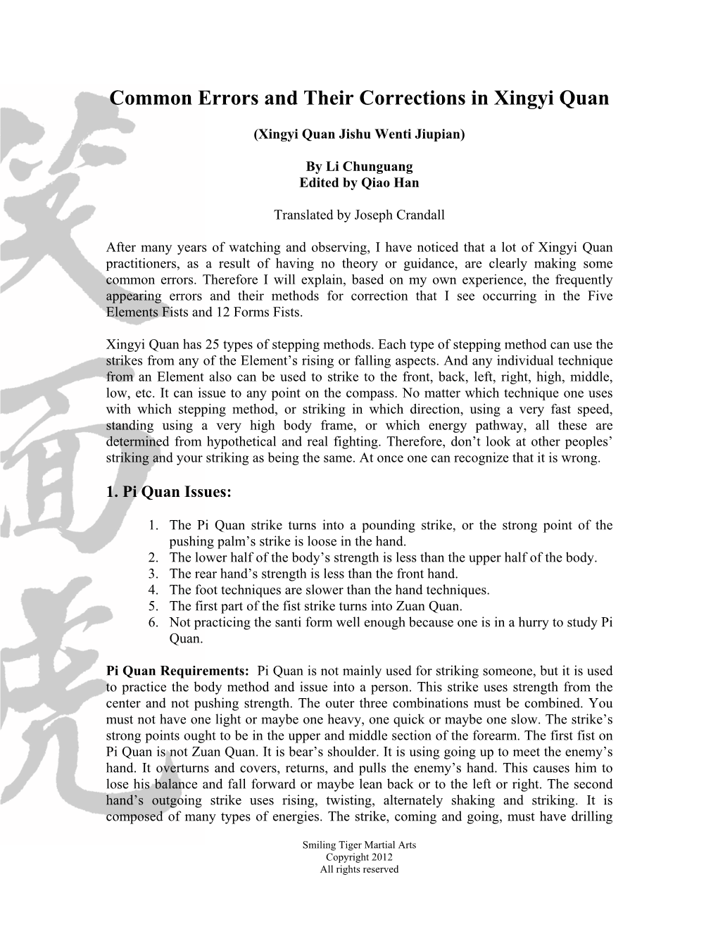 Common Errors and Their Corrections in Xingyi Quan