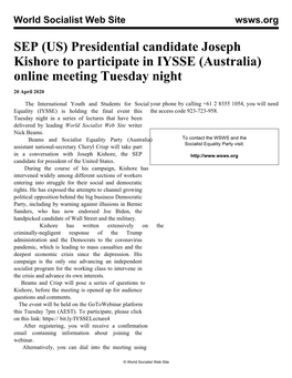 Presidential Candidate Joseph Kishore to Participate in IYSSE (Australia) Online Meeting Tuesday Night