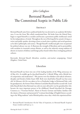 Bertrand Russell: the Committed Sceptic in Bertrand Russell: Public Life the Committed Sceptic in Public Life