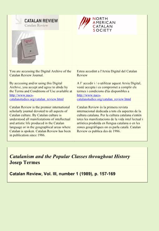 Catalanism and the Popular Classes Throughout History Josep Termes