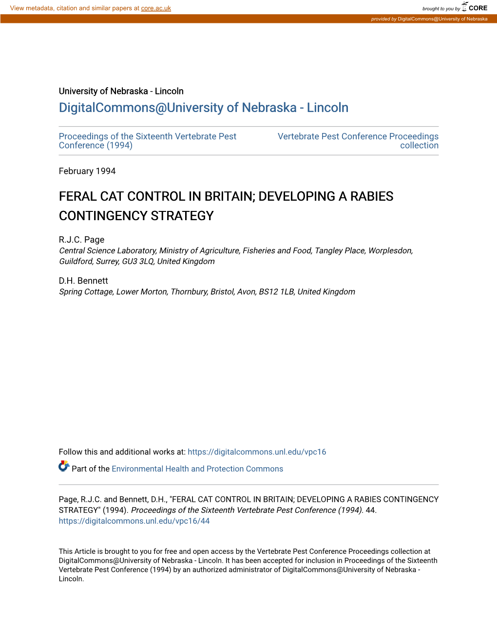 Feral Cat Control in Britain; Developing a Rabies Contingency Strategy
