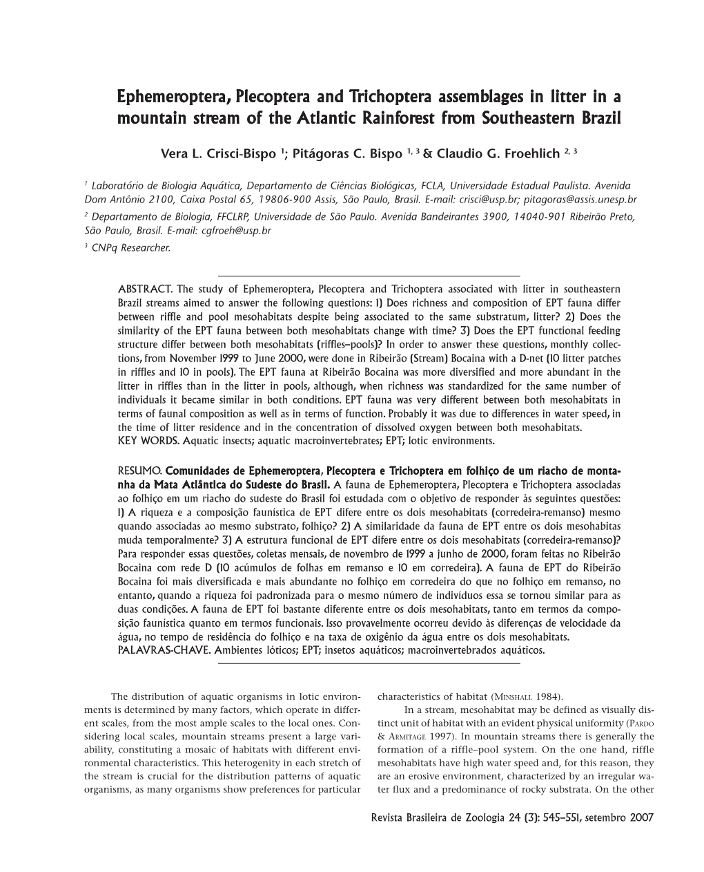 Ephemeroptera, Plecoptera and Trichoptera Assemblages in Litter in a Mountain Stream of the Atlantic Rainforest from Southeastern Brazil