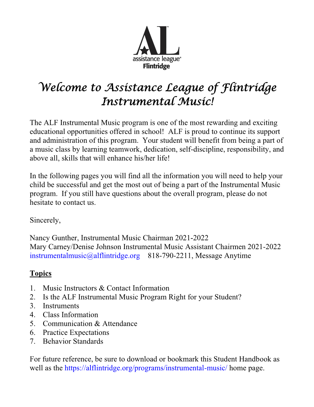 Welcome to Assistance League of Flintridge Instrumental Music!