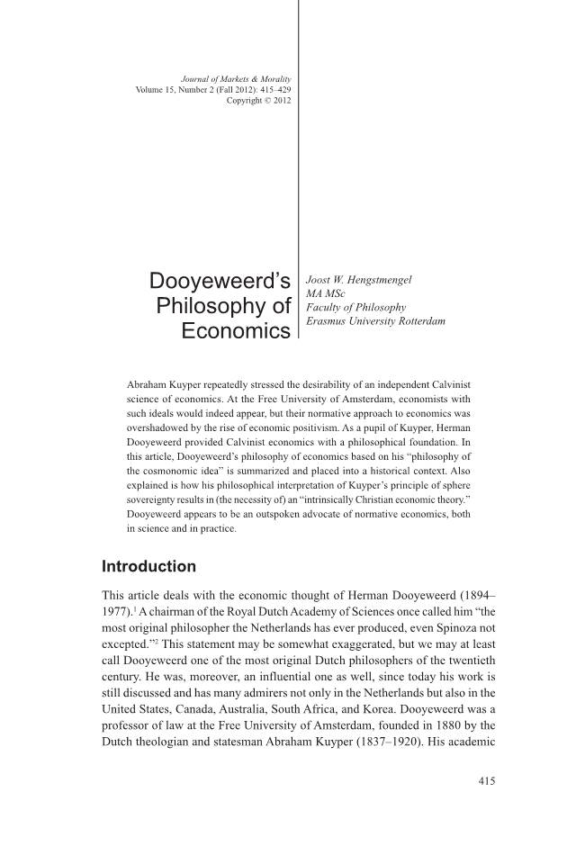 Dooyeweerd's Philosophy of Economics