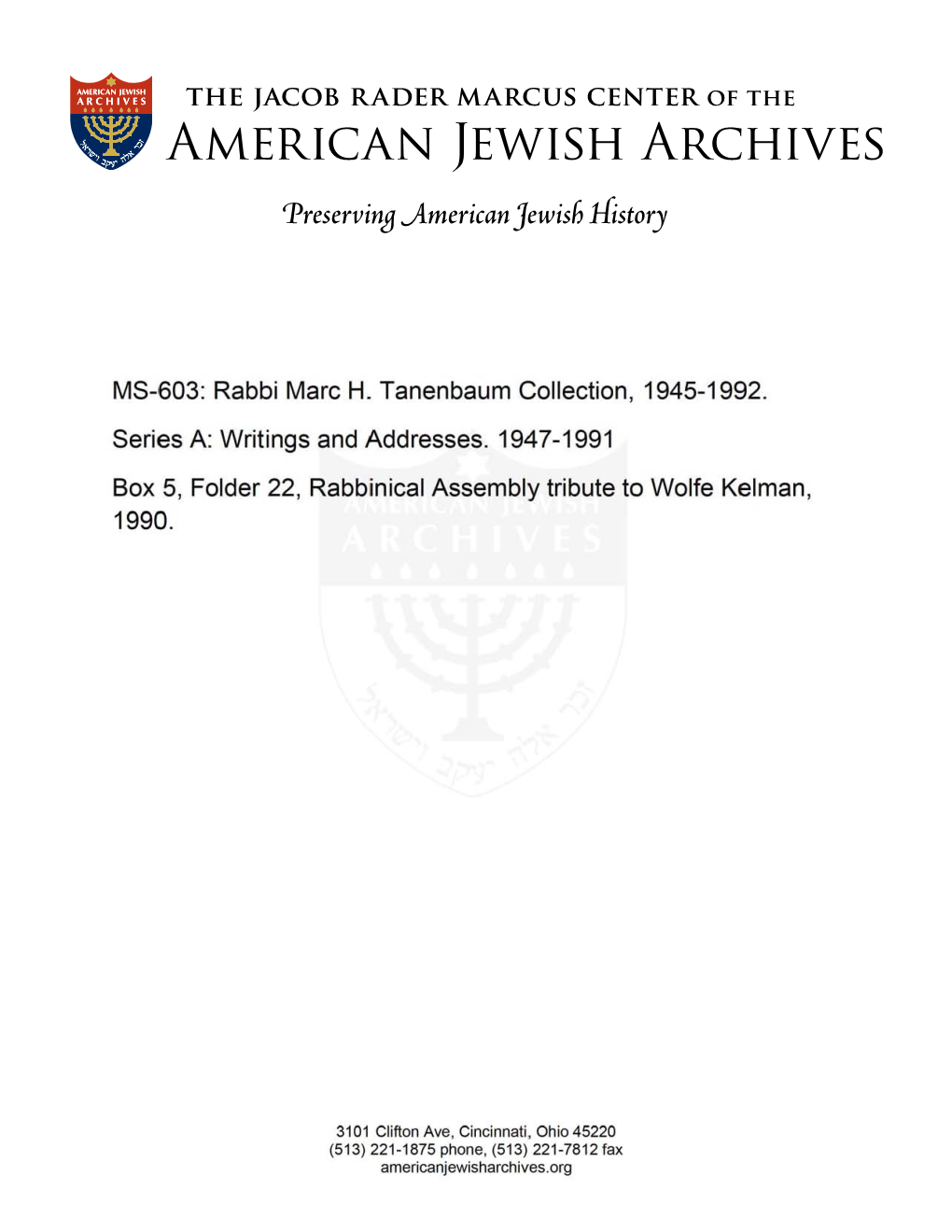 MS-603: Rabbi Marc H. Tanenbaum Collection, 1945-1992. Series A