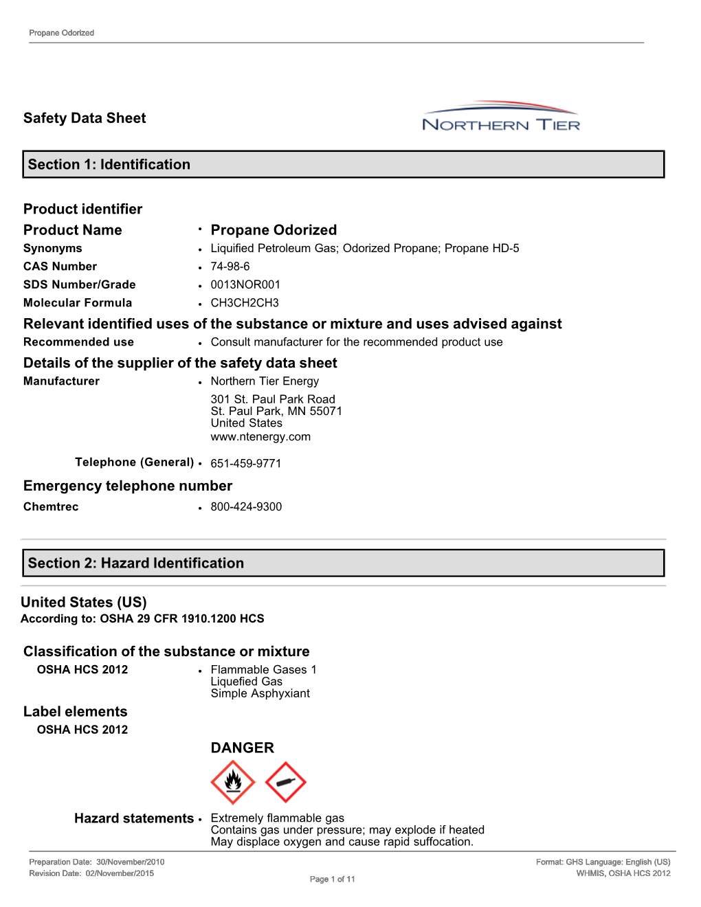 Identification Product Identifier Product Name •А Propane Odoriz